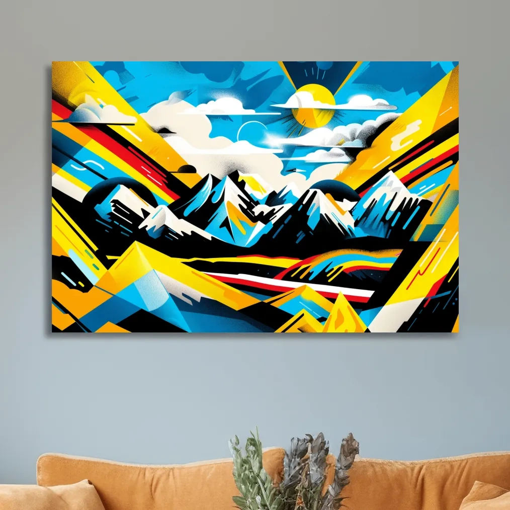 Vibrant bright colorful sunset mountain wall art, graffiti style illustration artwork