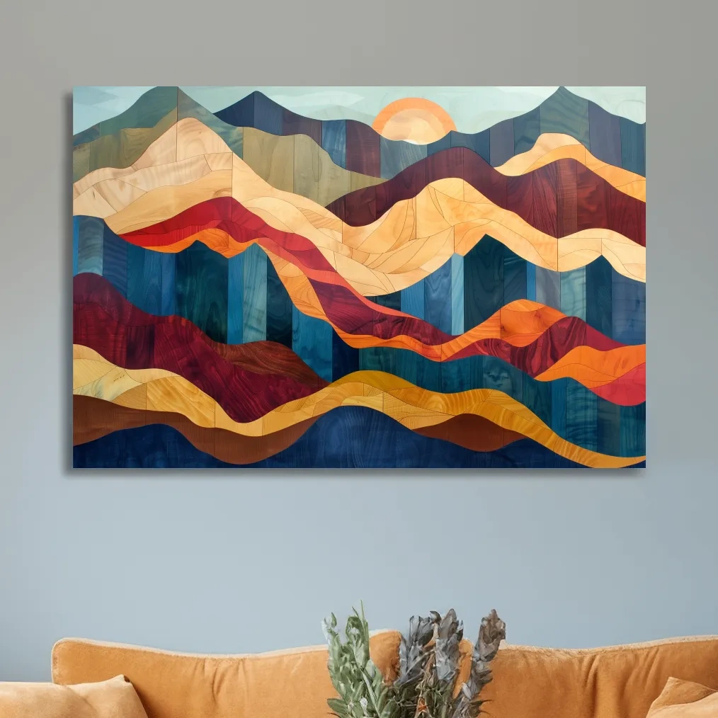 Wood intarsia style wall art, colorful mountain patterns with wood grain effect