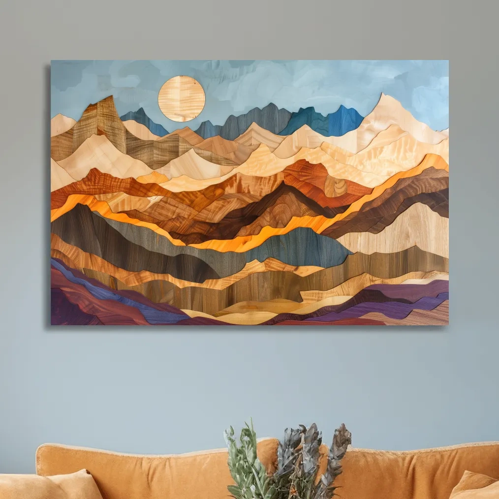 Layered Wooden Mountain Range - Intarsia Style Canvas Wall Art
