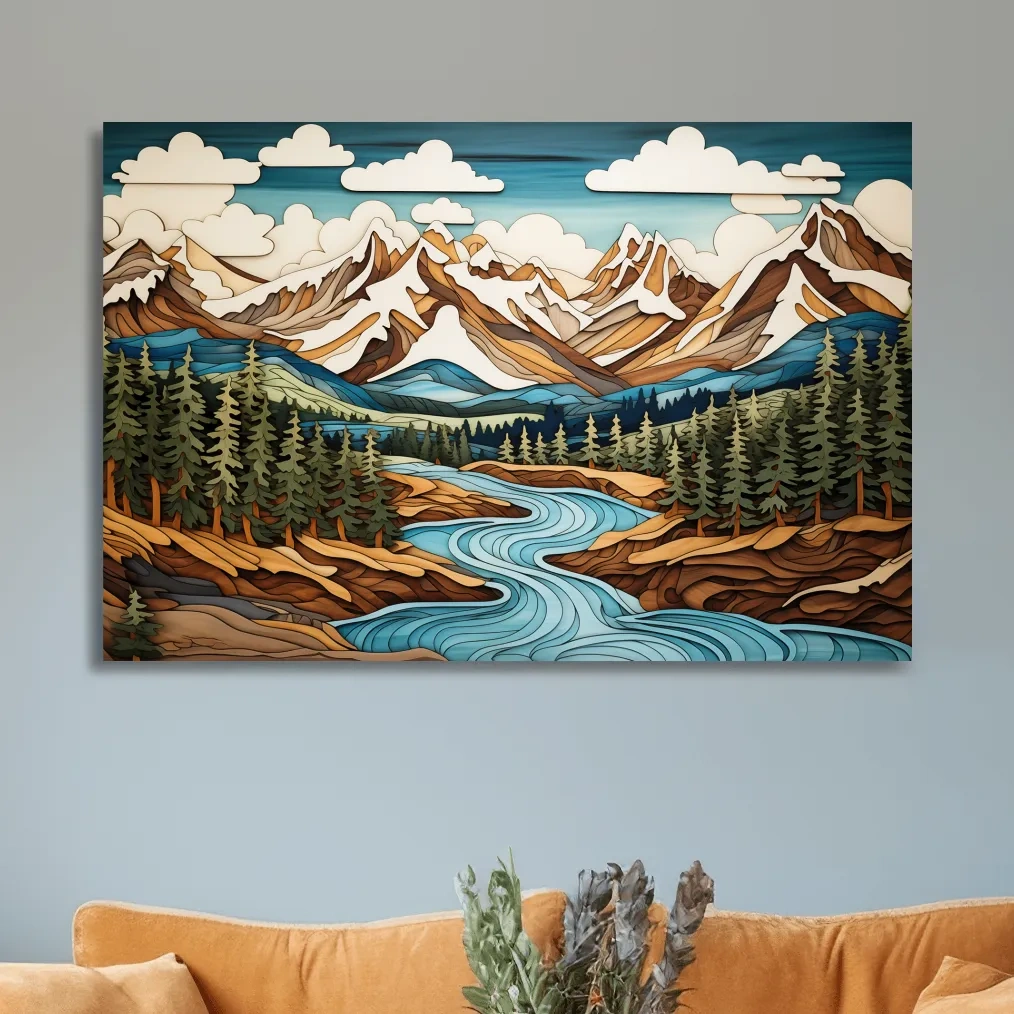 Intarsia Style Mountain River Landscape - Rustic Alpine Forest Artwork