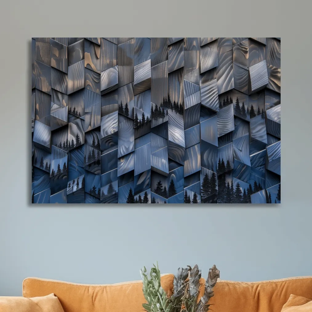 Wood Block Mountain Forest Collage - 3D Effect Abstract Landscape Wall Art