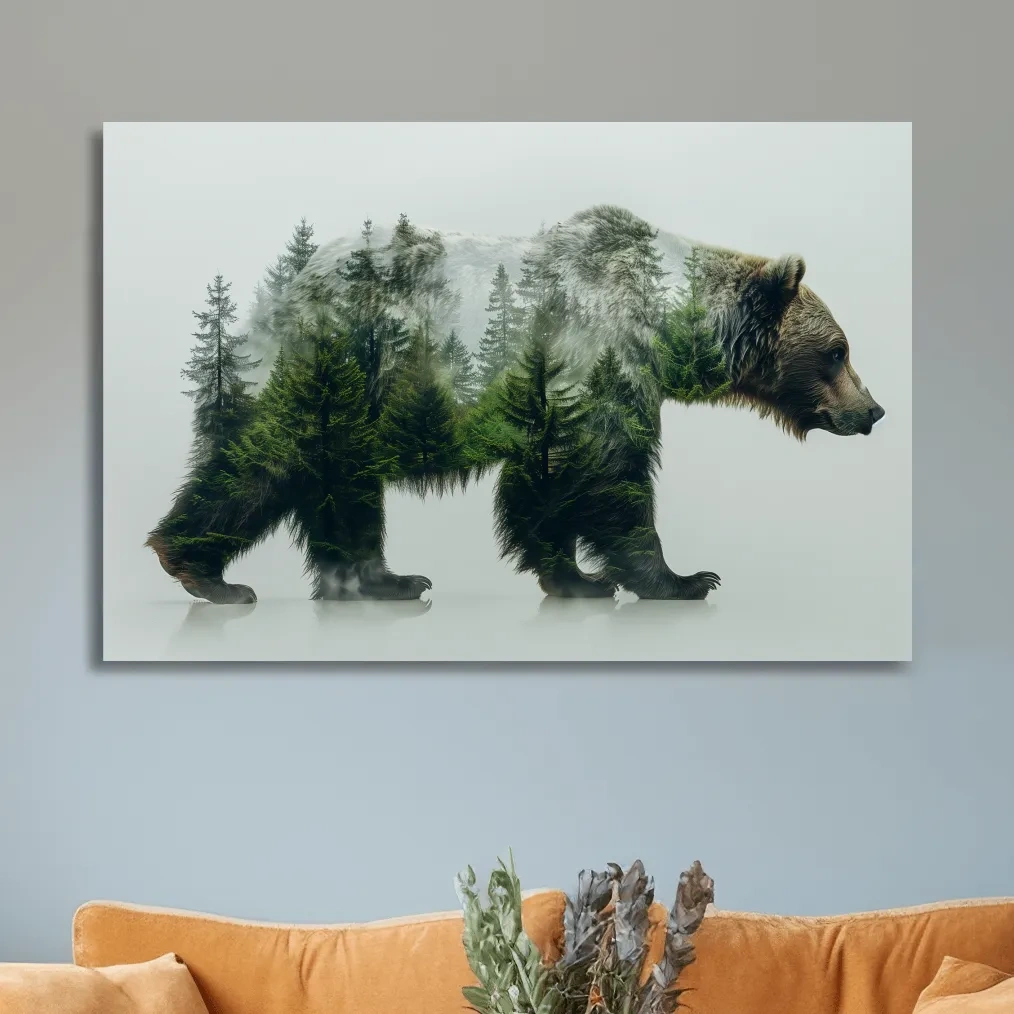 Grizzly bear artwork, double exposure forest art