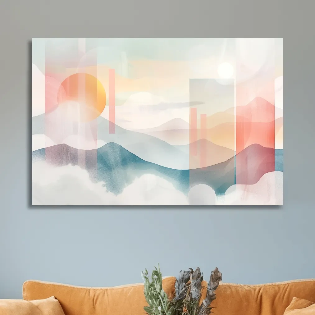 Mountains at sunset, soft pastel watercolor painting wall art