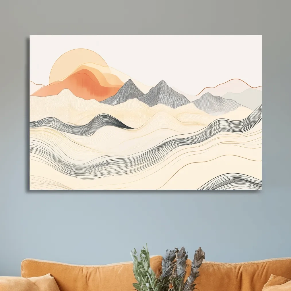 Mountain sunset wall art, abstract lineart illustration