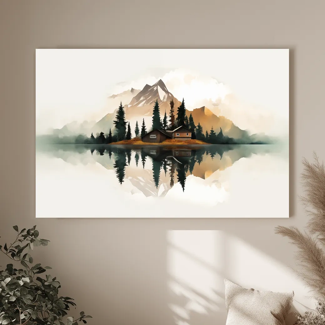 Minimalist Mountain Cabin Lake Reflection - Misty Watercolor Landscape Wall Art