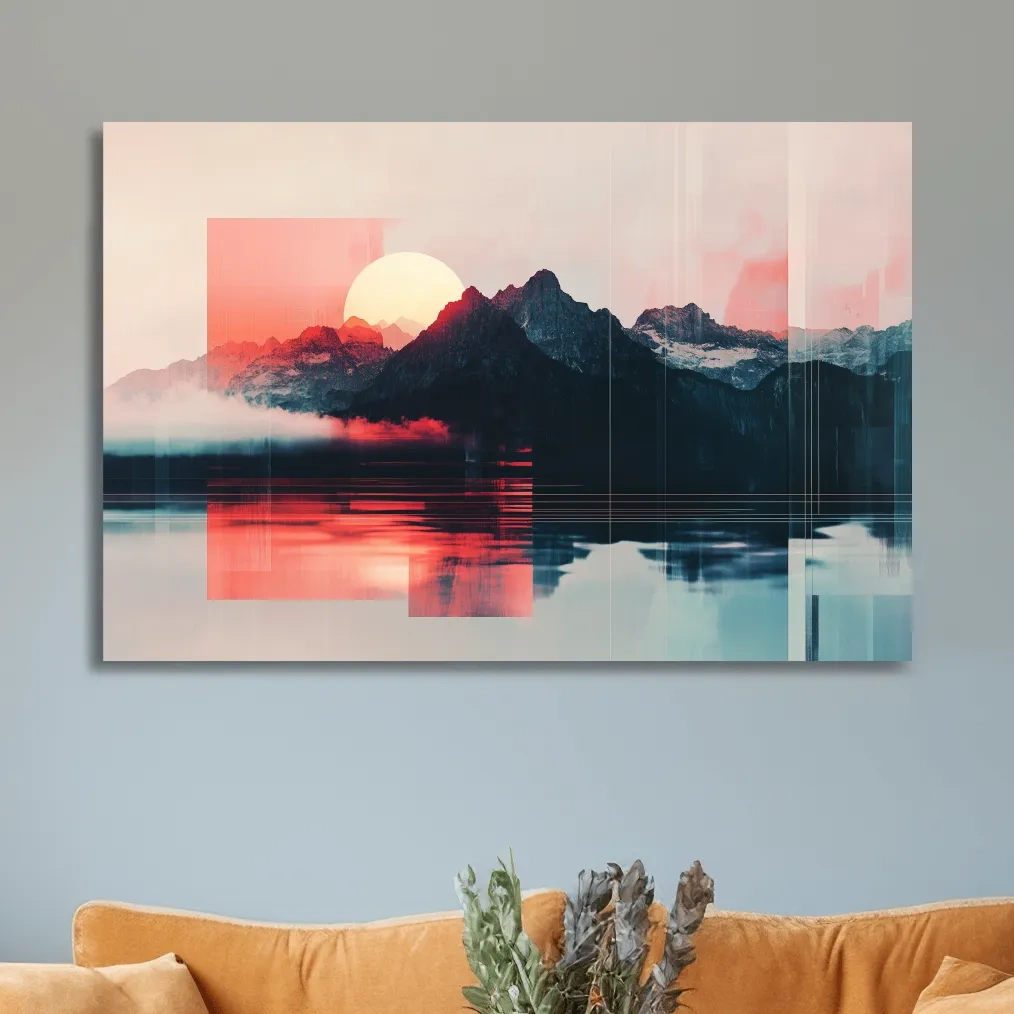 Sunset mountain wall art, glitch art effect