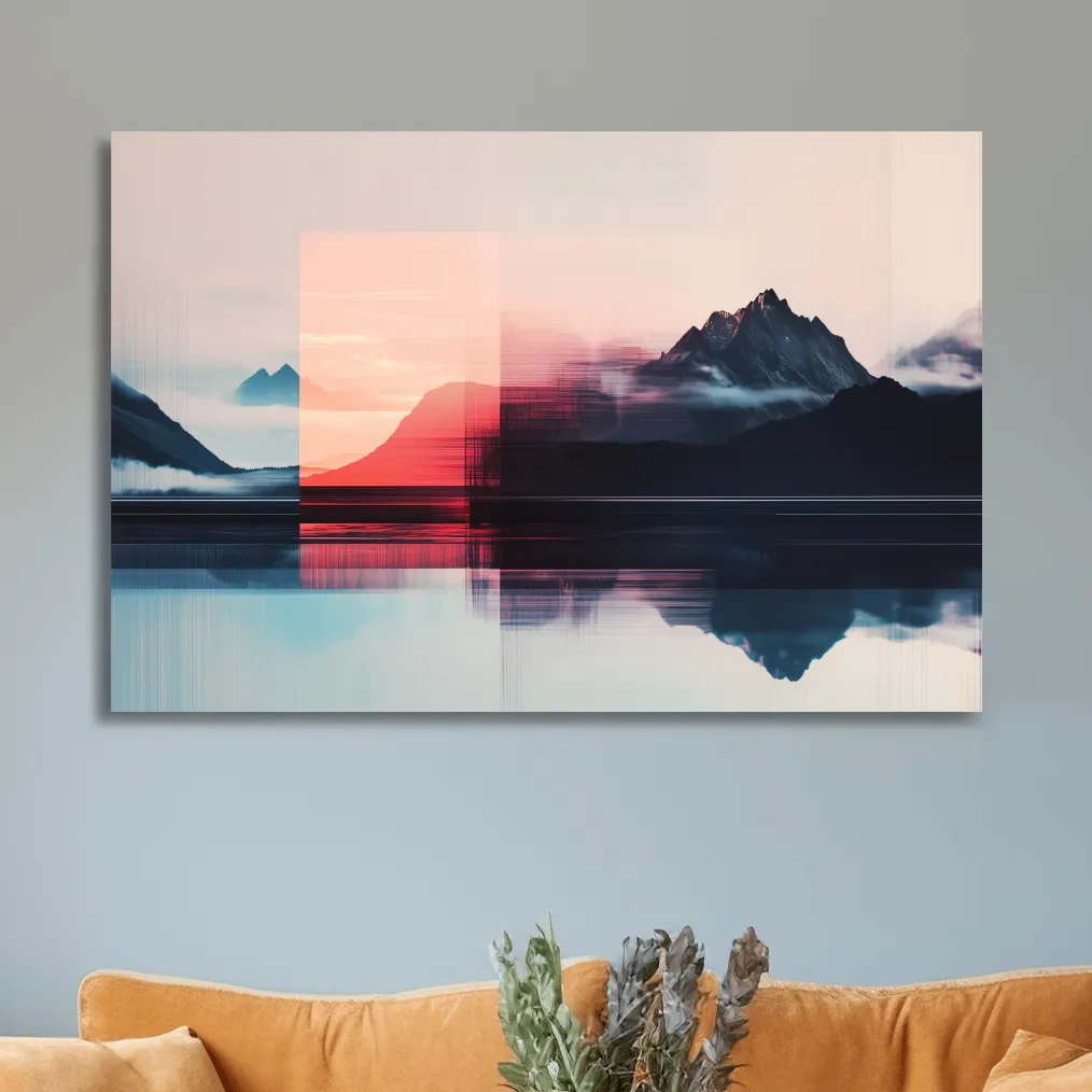 Mountains in the clouds at sunset, glitched wall art effect