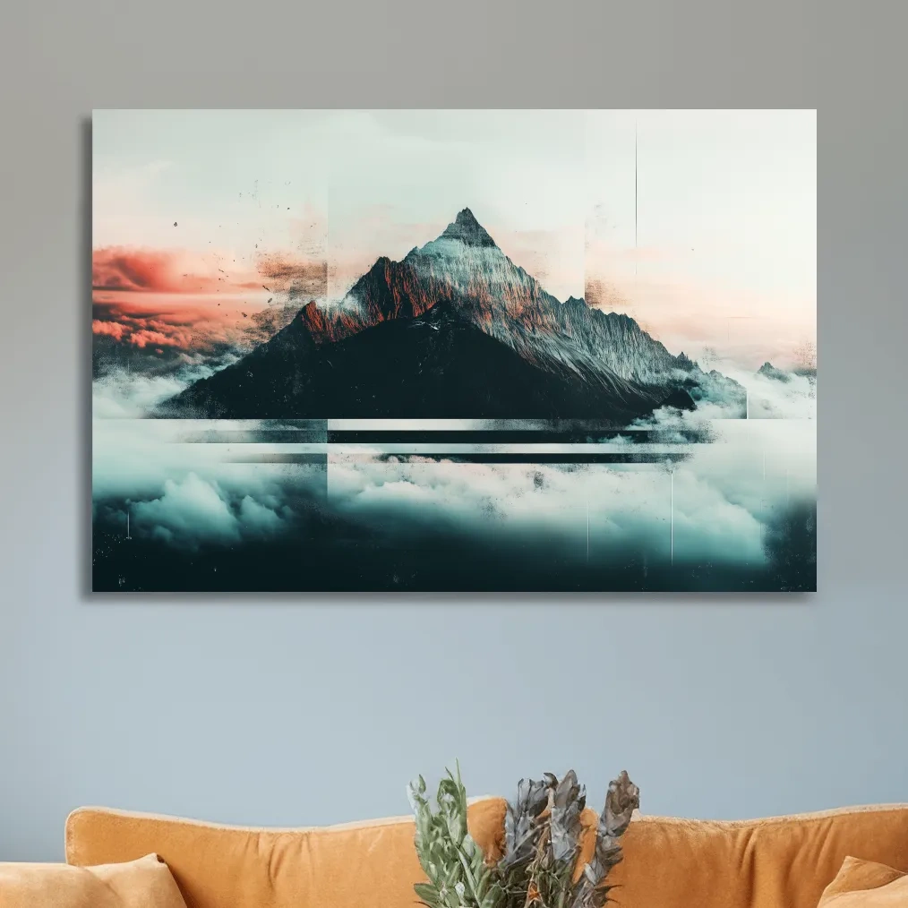 Mountain peak in the clouds at sunset, glitch style artwork