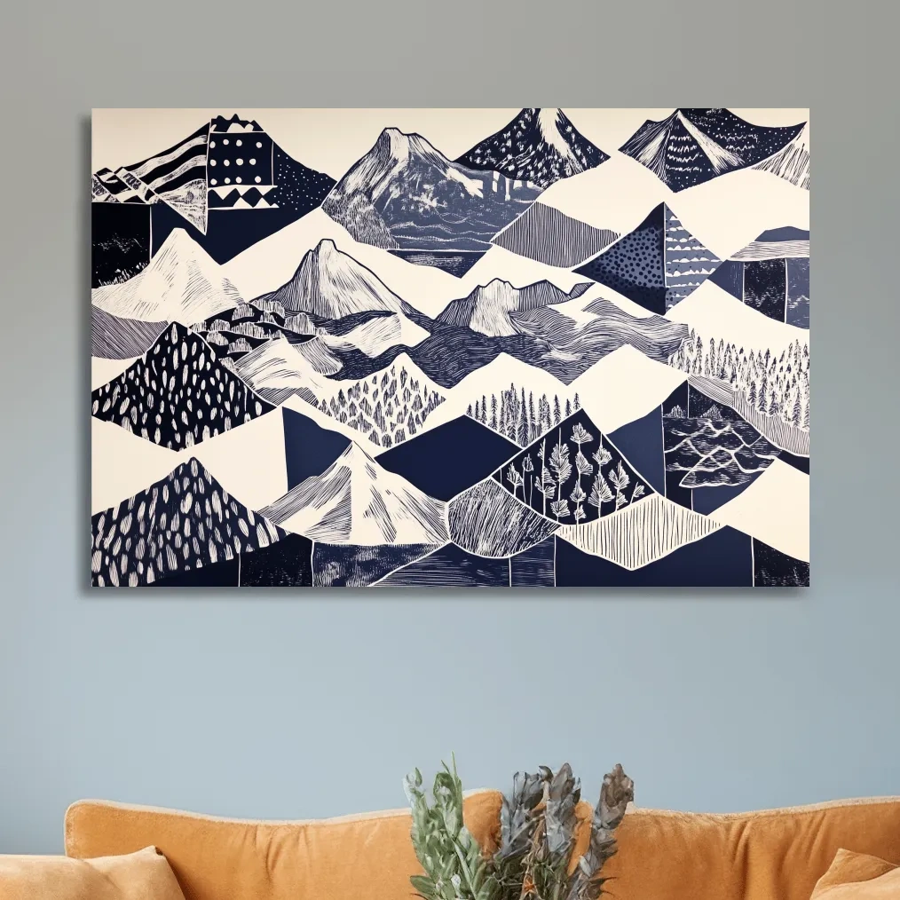 Linocut patchwork style mountain wall artwork print, black and white