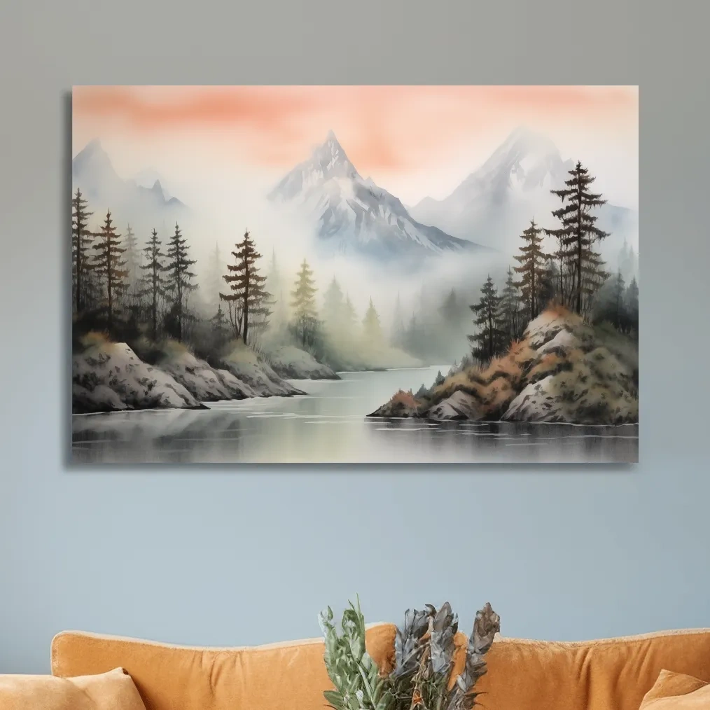 Chinese style ink wash watercolour painting of mountains