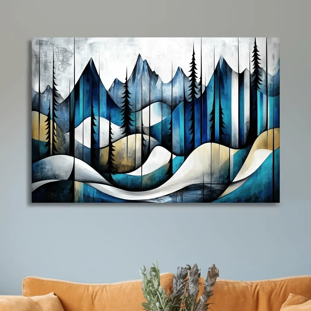 Abstract mountain painting, trees in the alpine, textured effect