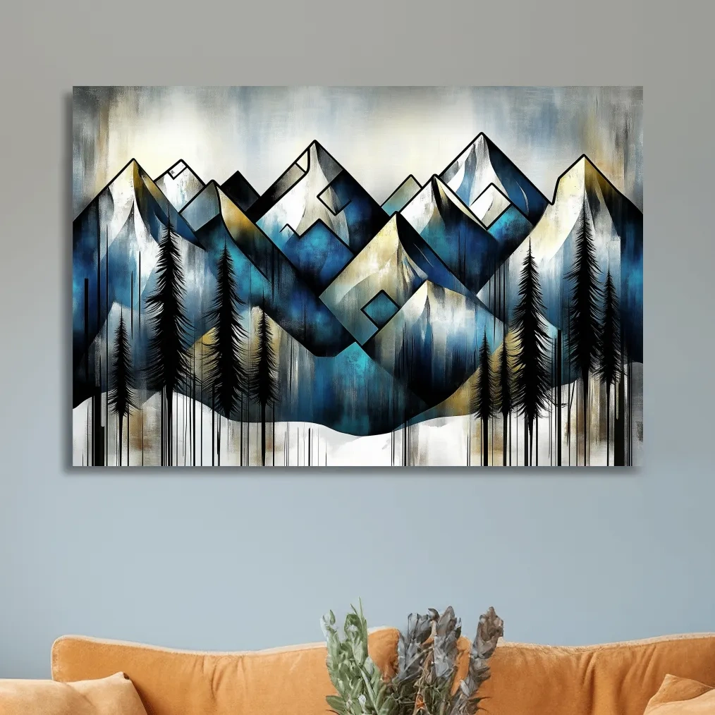 Abstract geometric mountain painting, textured wall art effect