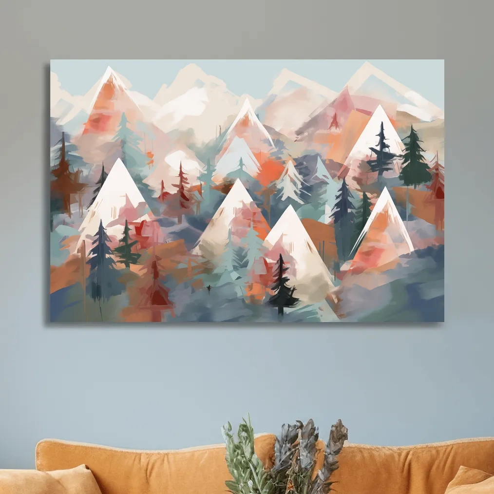 Abstract Alpine Peaks And Pine Forest - Pastel Watercolor Mountain Landscape Wall Art