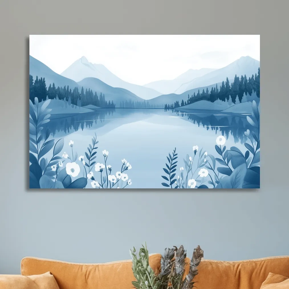 Serene landscape wall art, view over an alpine lake