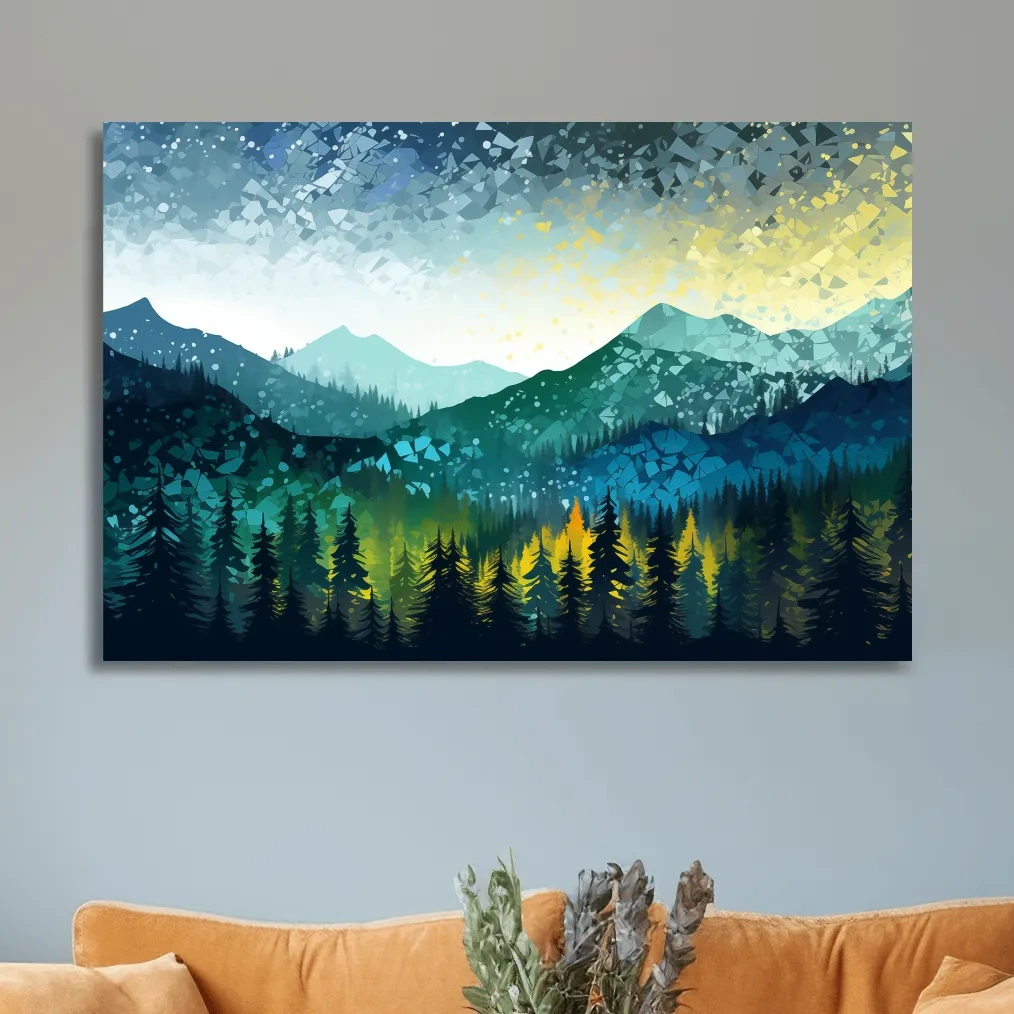 Vibrant forest and mountain art, abstract pointillism