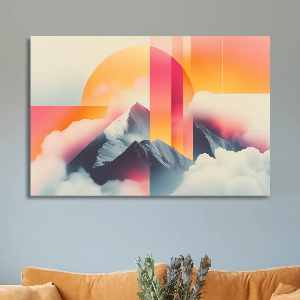 Retro style mountain wall art, sunset in the clouds