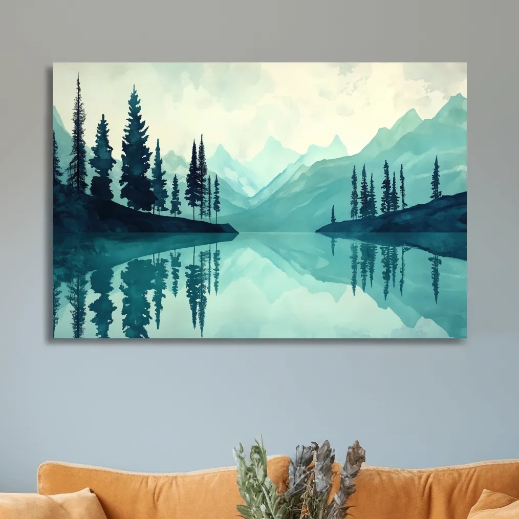 Watercolor painting wall art, view over a treelined alpine lake
