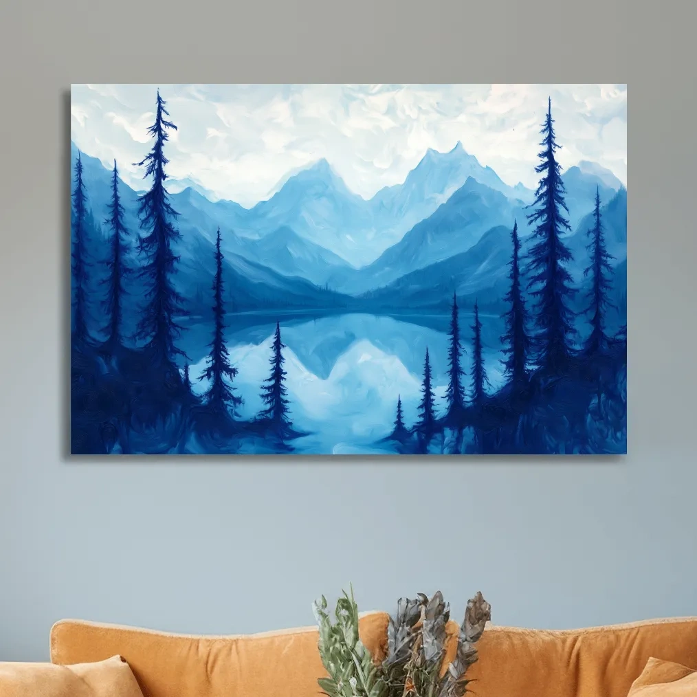 Oil painting artwork, view over an alpine lake in the mountains