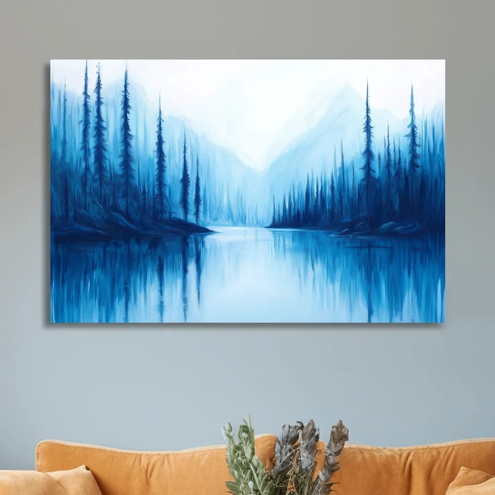 Misty Blue Alpine Lake & Pine Forest - Impressionist Landscape Painting Artwork