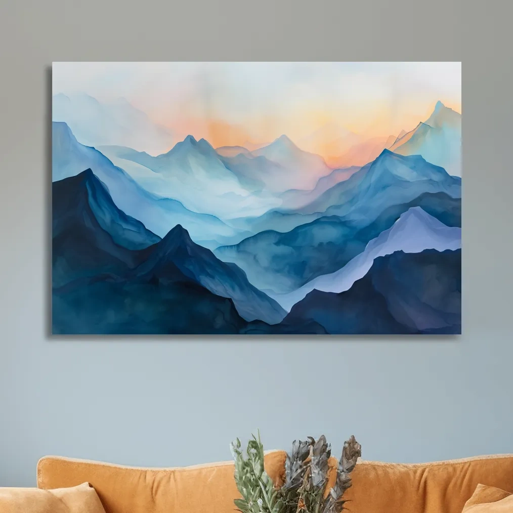 Misty Sunrise Watercolor Mountain Range - Serene Abstract Landscape Wall Art