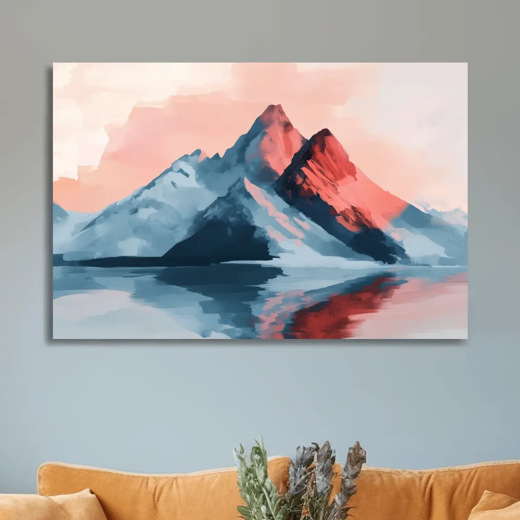 Pastel mountain painting at sunset, glacier reflecting on a lake