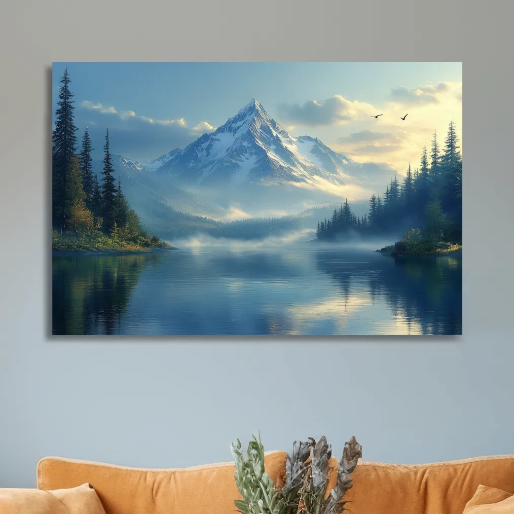 Beautiful misty alpine lake and forest beneath a glacier at sunset, photographic wall art