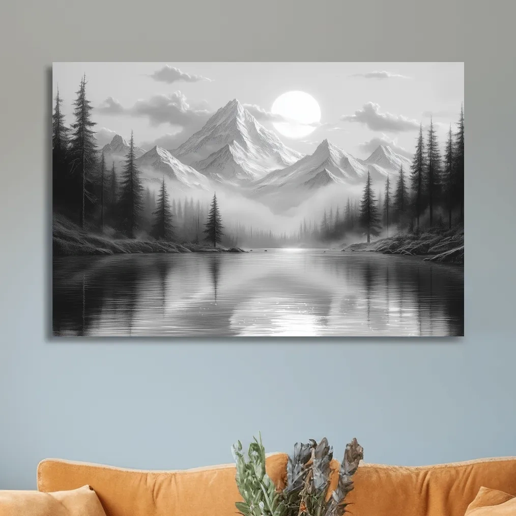 Misty forest and alpine lake beneath a glacier, black and white wall art