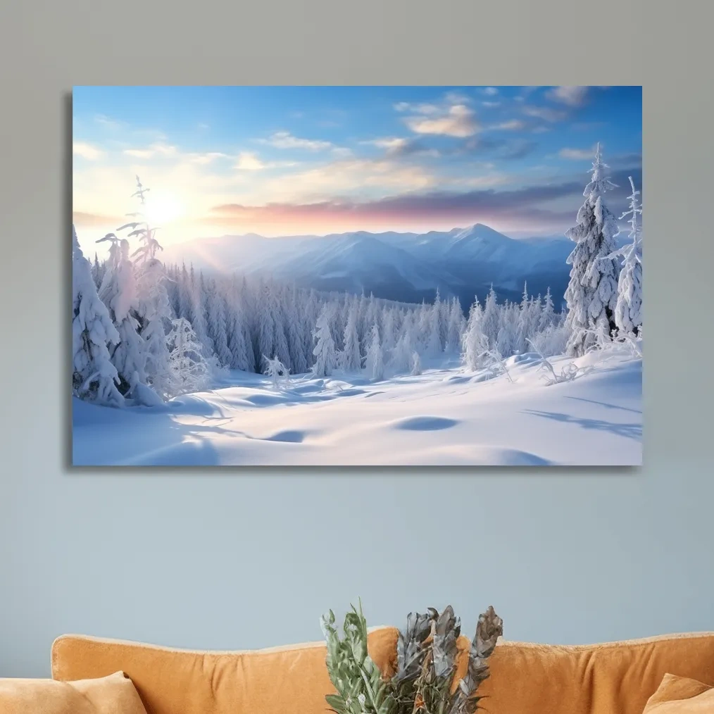 Snow covered alpine forest at sunset, photographic art