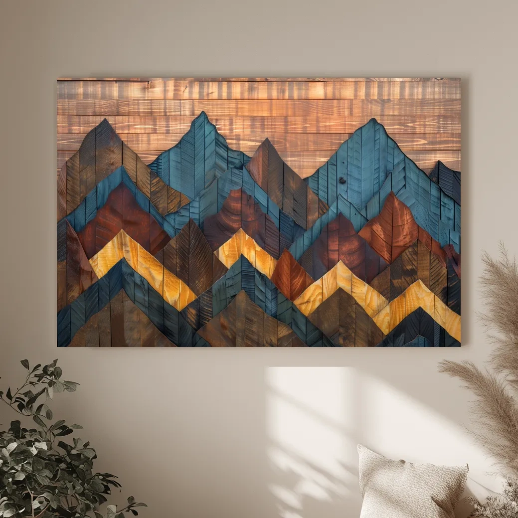 Geometric Wood Grain Mountain Range - Rustic Landscape Artwork