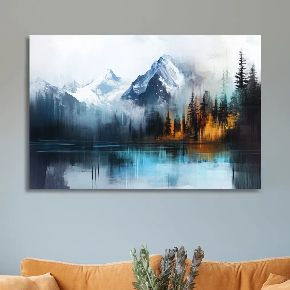 Abstract mountain painting wall art, glacier, lake and forest
