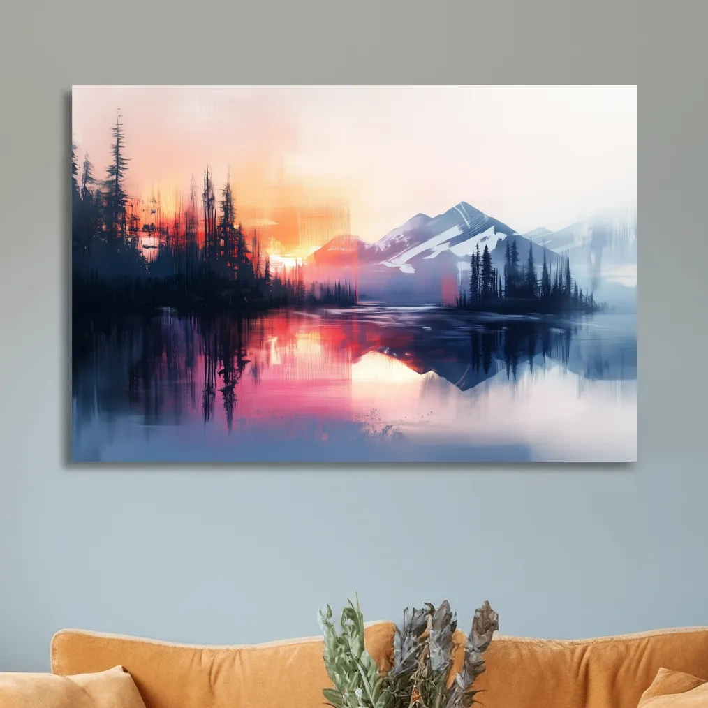 Textured painting wall art, sunset over alpine mountains, lake and forest