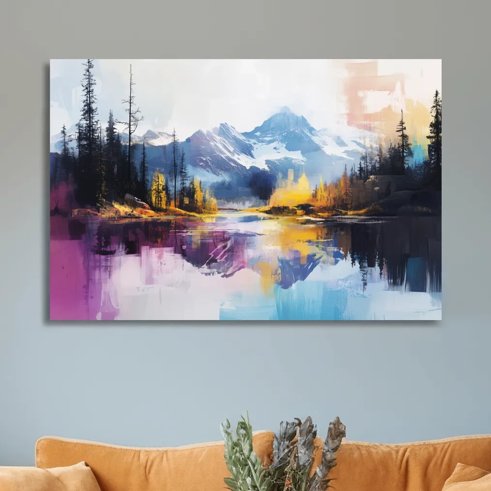 Vibrant Abstract Mountain Lake Reflection Painting - Colorful Modern Landscape Wall Art