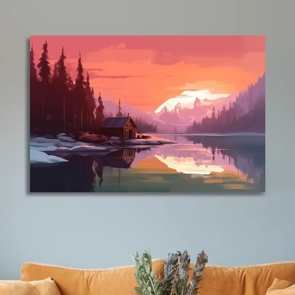 Mountain art painting, cabin by a lake at sunset