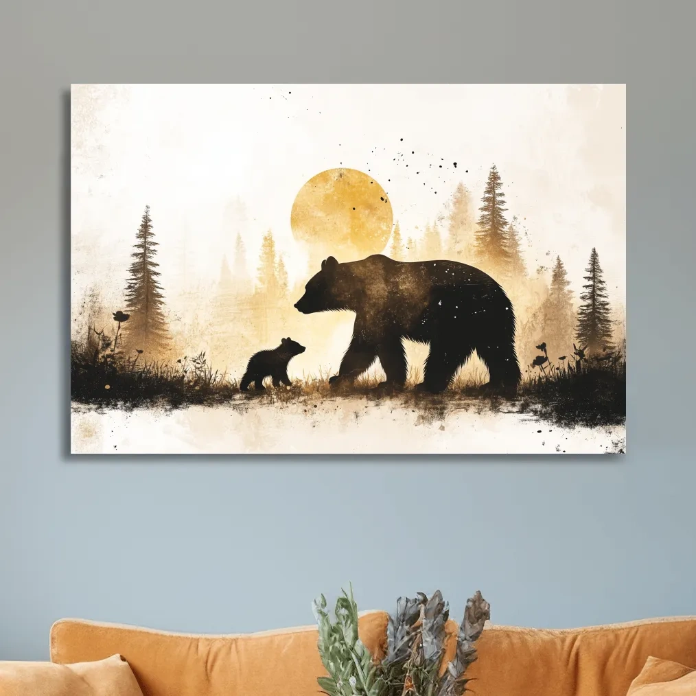 Momma bear and her cub in the forest, textured illustration wall artwork
