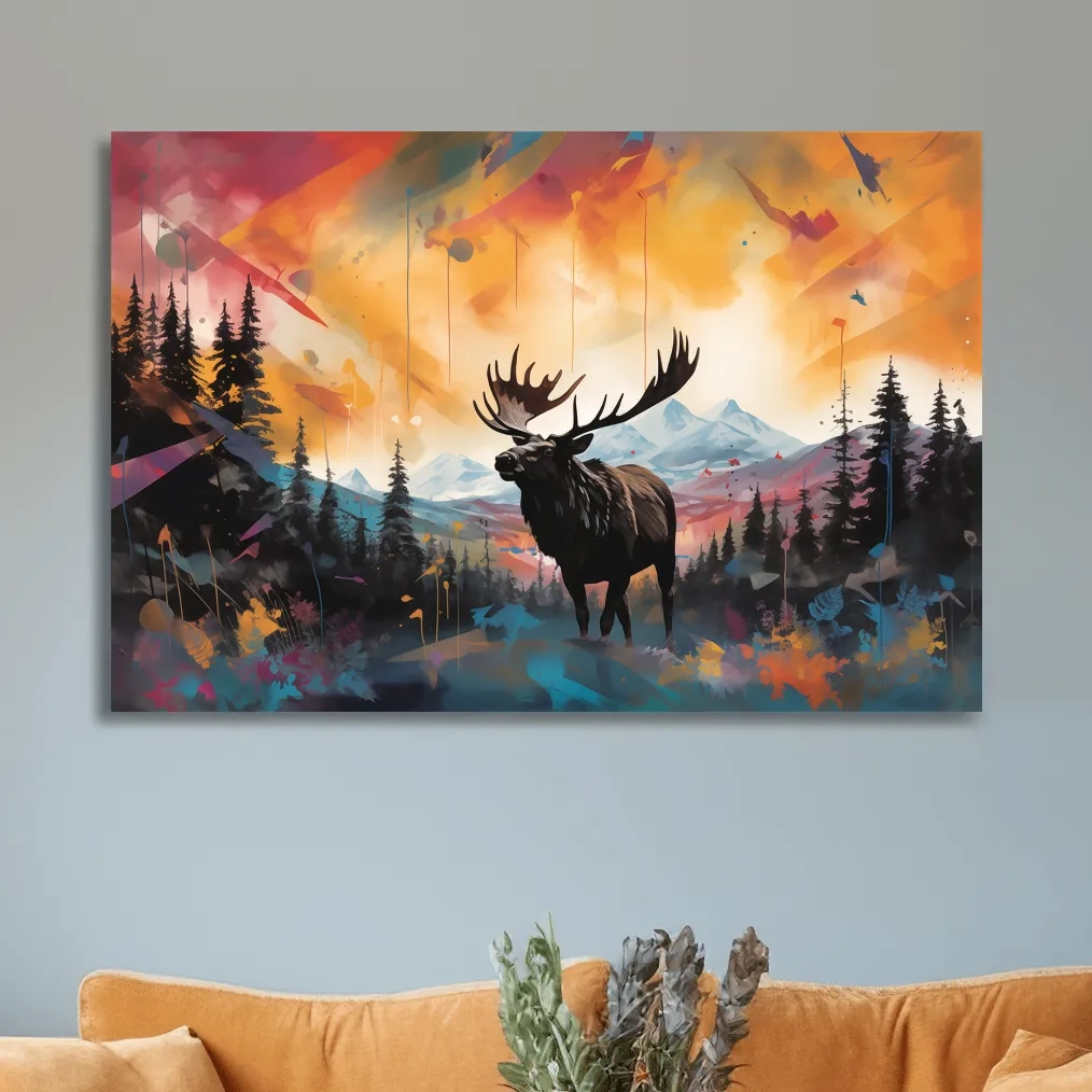 Abstract vibrant painting of a moose in forest scenery