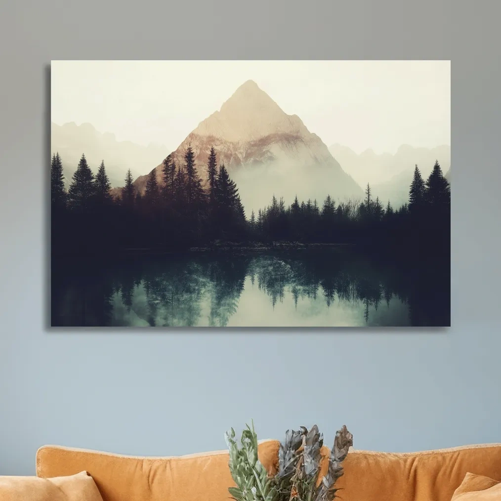 Mountain wall art, silhouetted forest on the lake