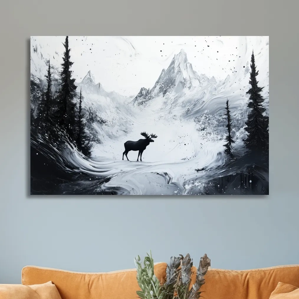Moody Monochrome Moose Alpine Meadows - Abstract Ink Wash Wildlife Wall Art