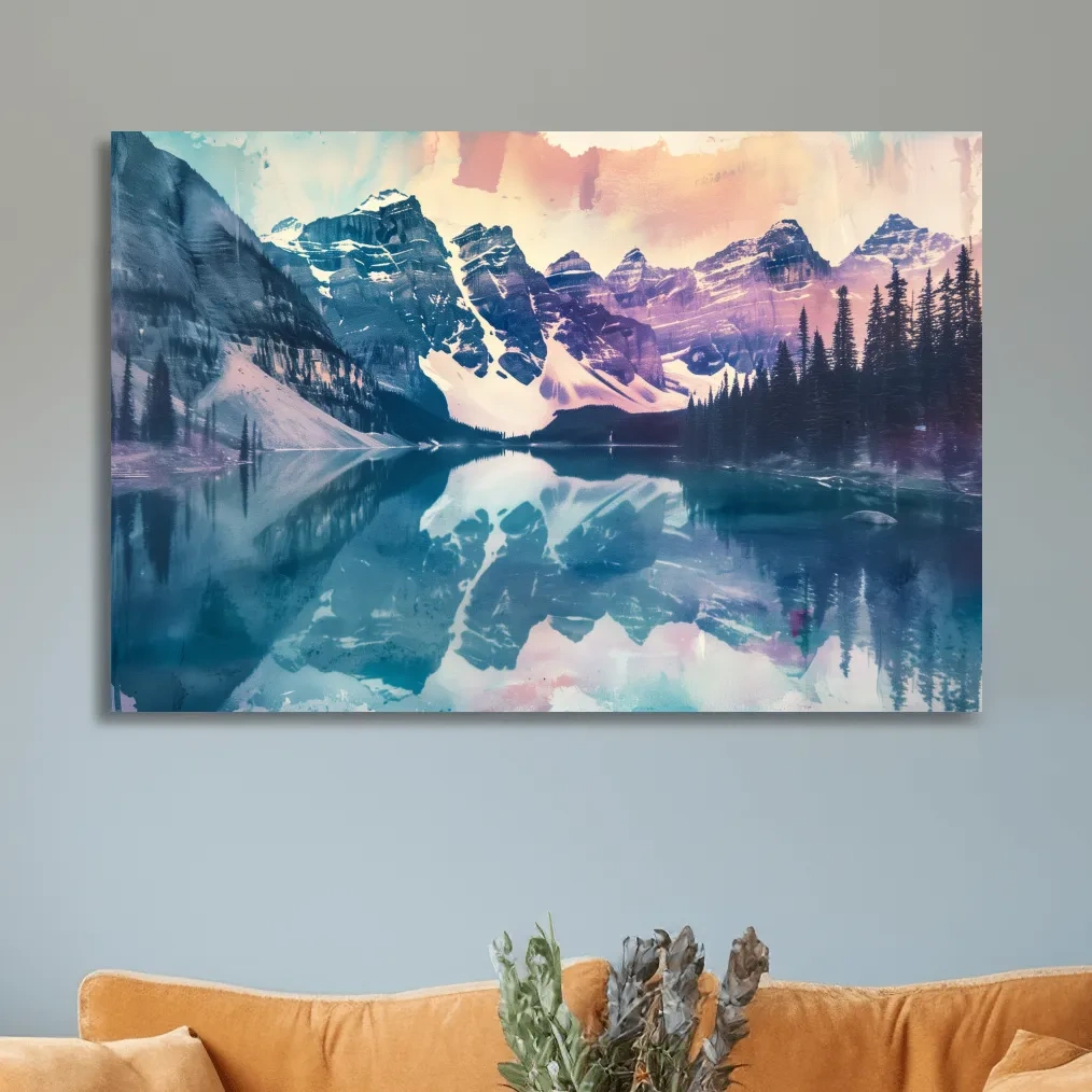 Valley of the Ten Peaks, Moraine Lake Banff. Watercolour painting postcard style mountain artwork