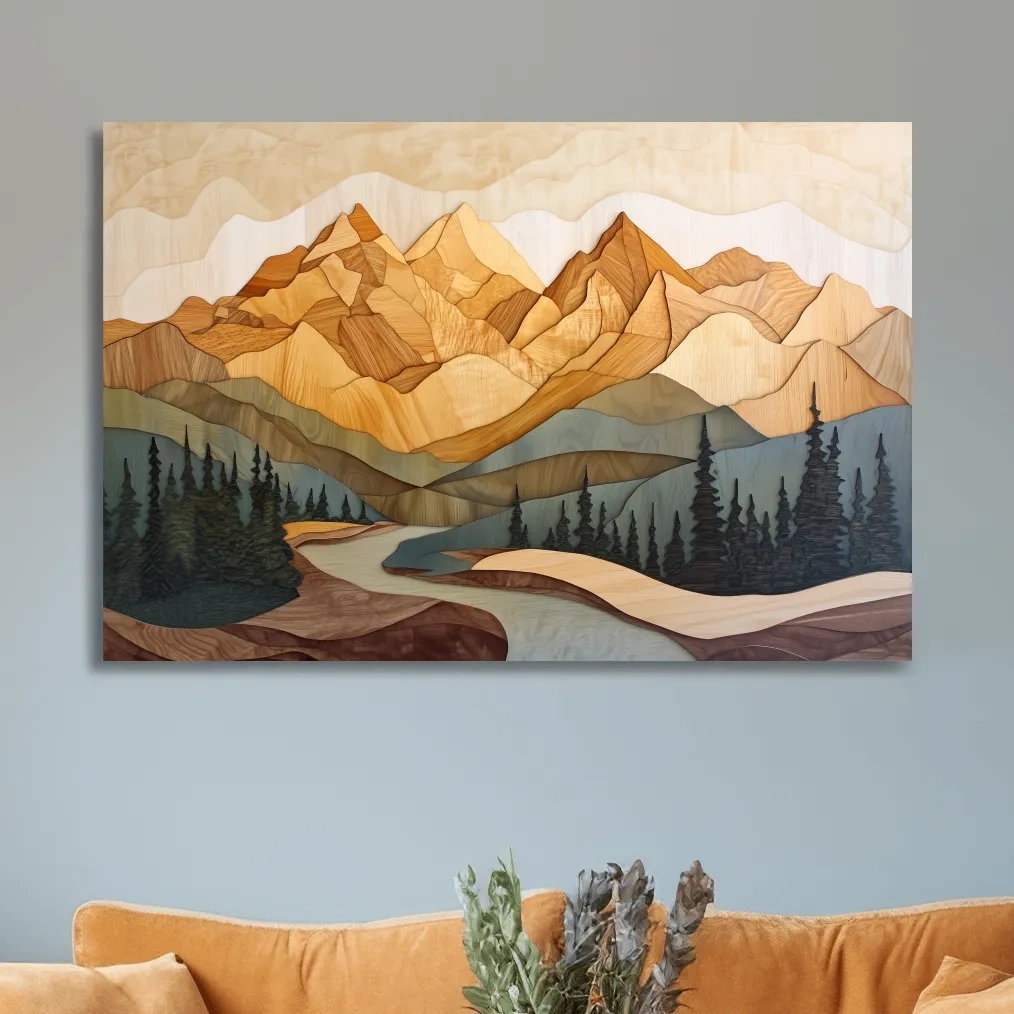 Alpine forest mountain artwork, 3d layered wood intarsia style art