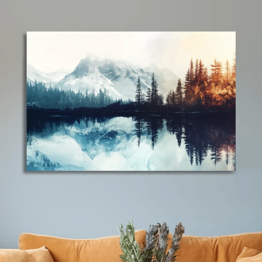 Mountain wall art, foggy glacial lake and forest in fall, textured painting effect