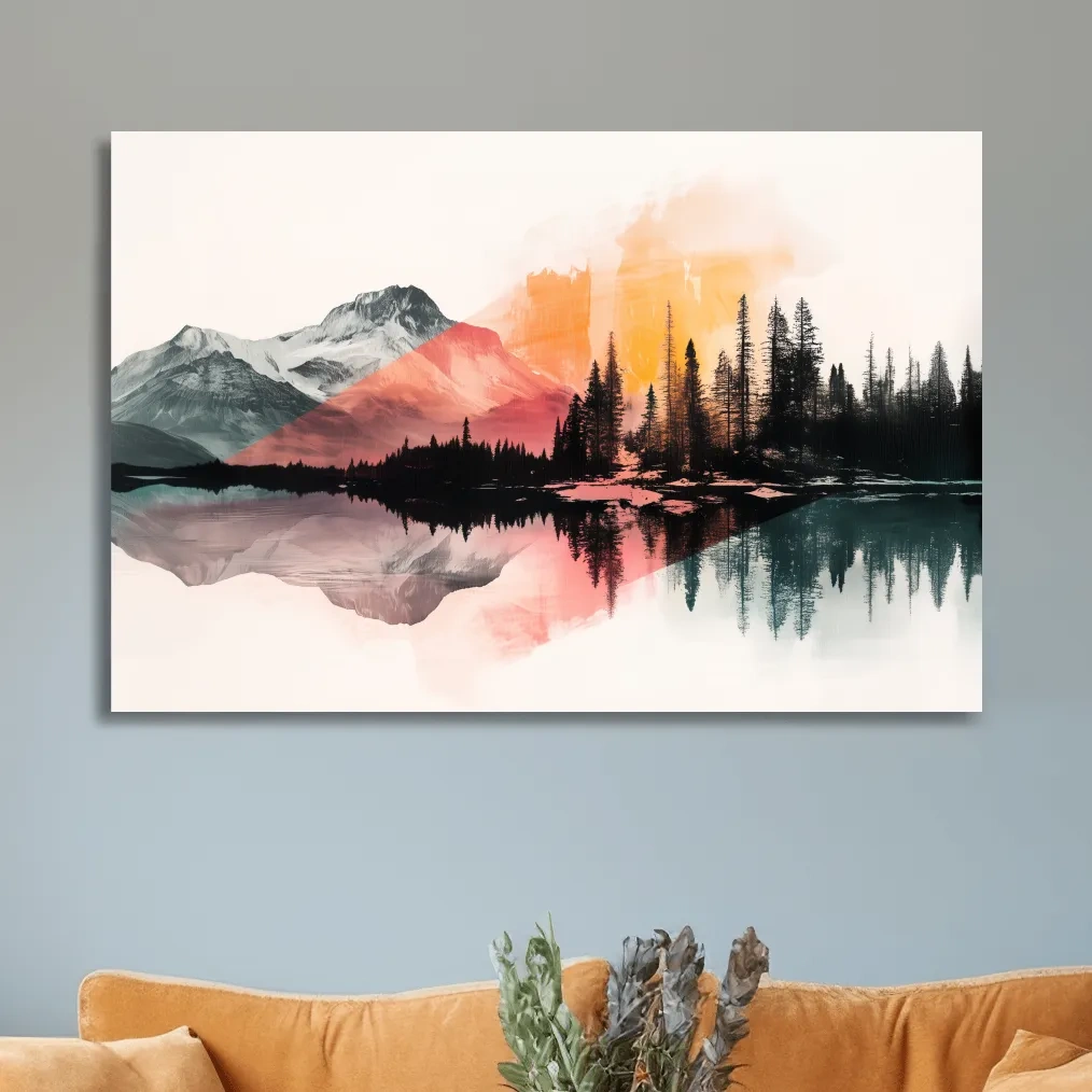 Abstract Alpine Lake Reflection Painting - Modern Watercolor Forest Landscape Wall Art