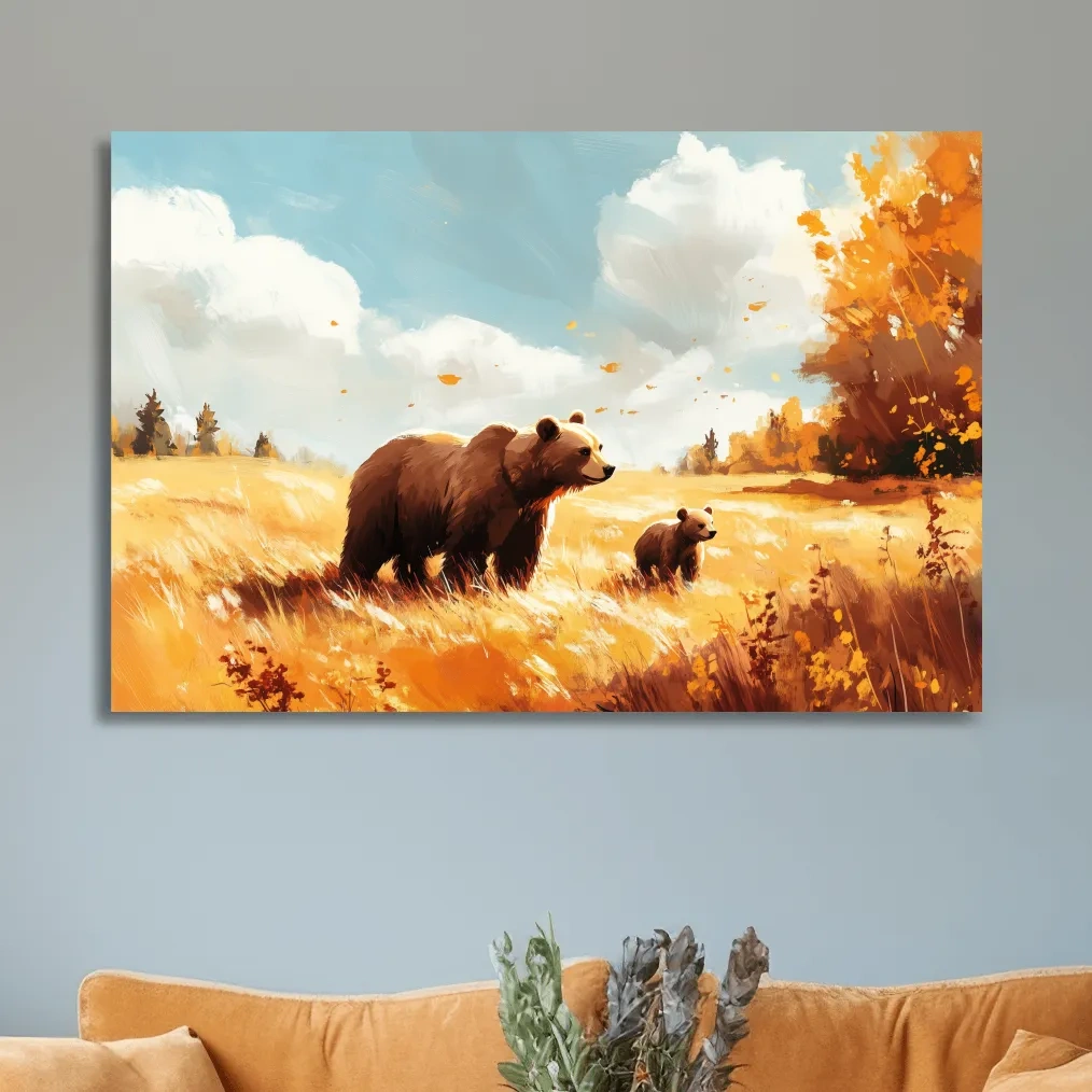 Autumn Grizzly Bear & Cub Painting - Warm Golden Wildlife Wall Art