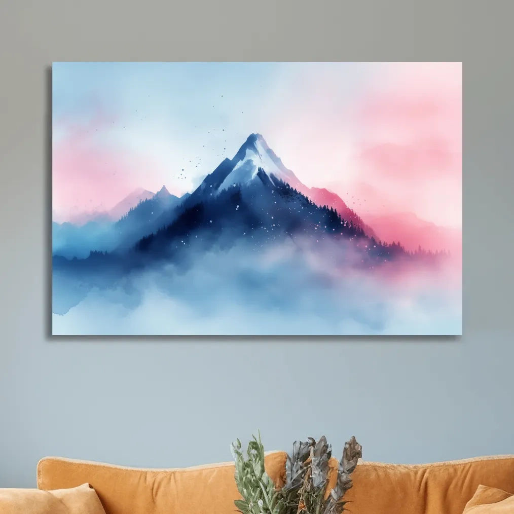 Dreamy mountain painting artwork, glacial peaks above the clouds in pastel hues