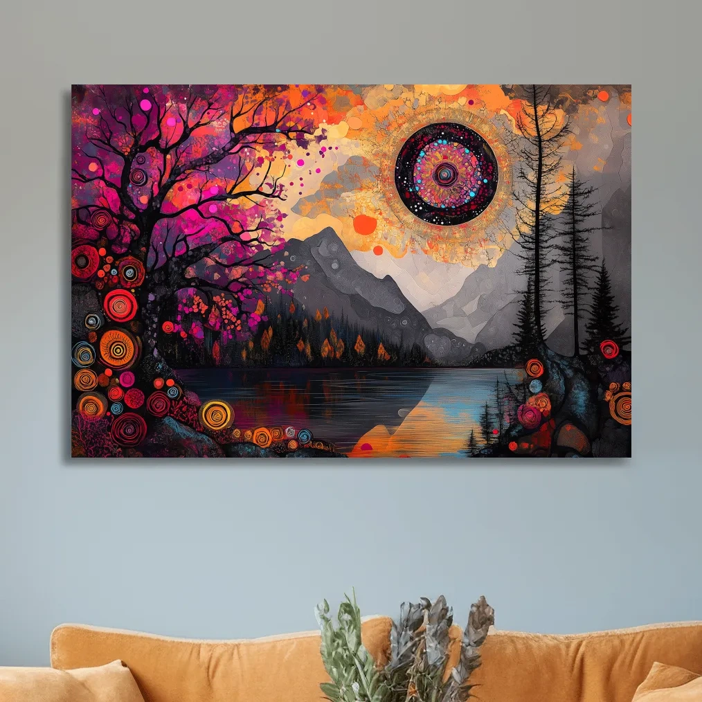Trippy and surreal abstract mountain landscape at sunset, intricate textured patterns, vibrant colors, cosmic style