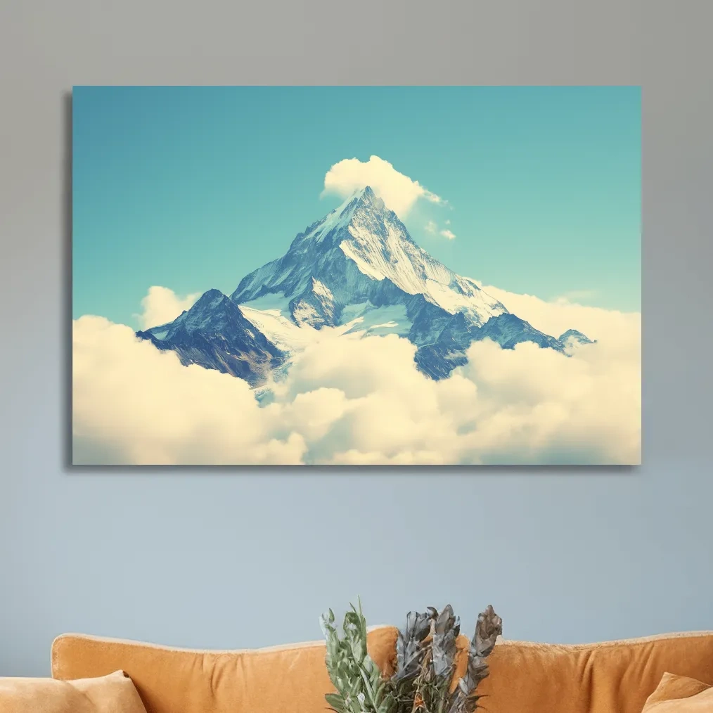 Minimal painting of a mountain peak emerging through clouds, serene artwork with soft blue sky