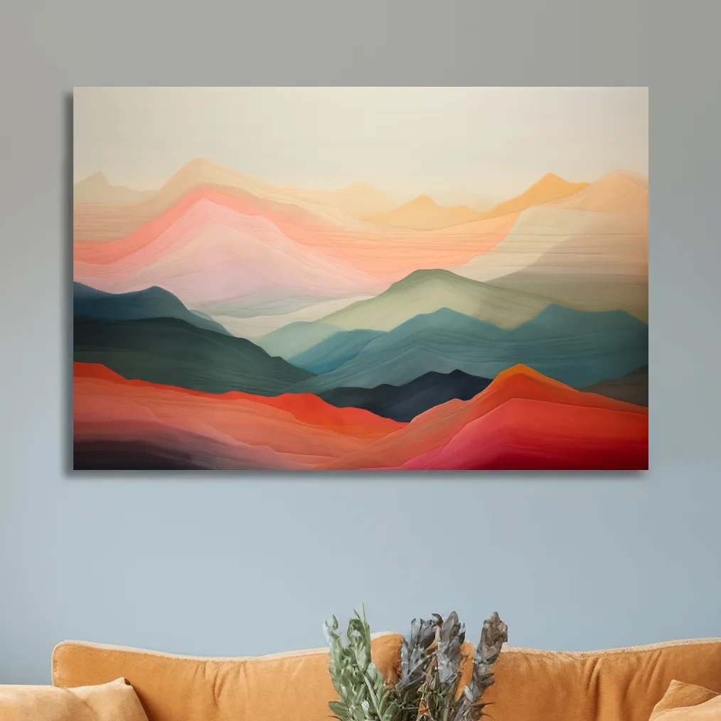 Dreamy pastel mountain landscape artwork, layered gradient painting effect