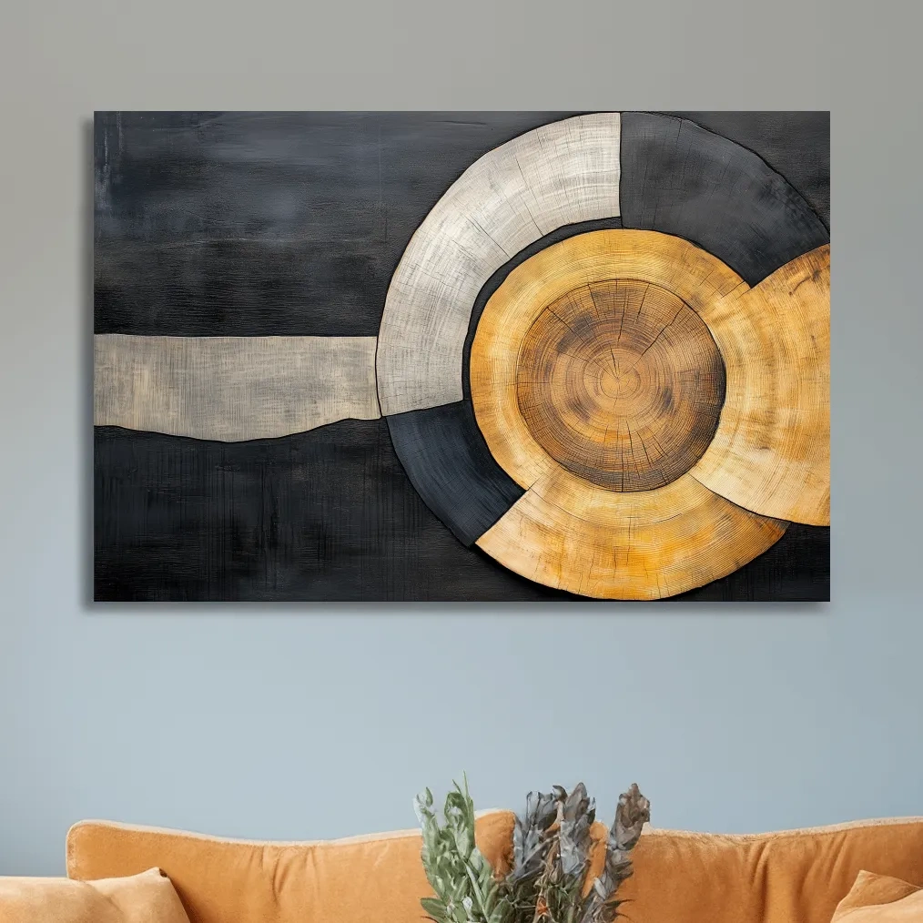 Wood grain cut log modern wall art, circular concentric design with earthy tones