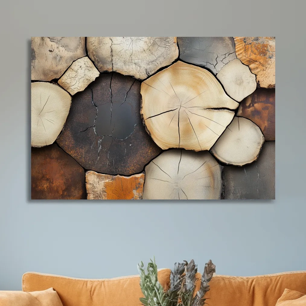Rustic cut wooden log wall artwork, cracked texture effect canvas art