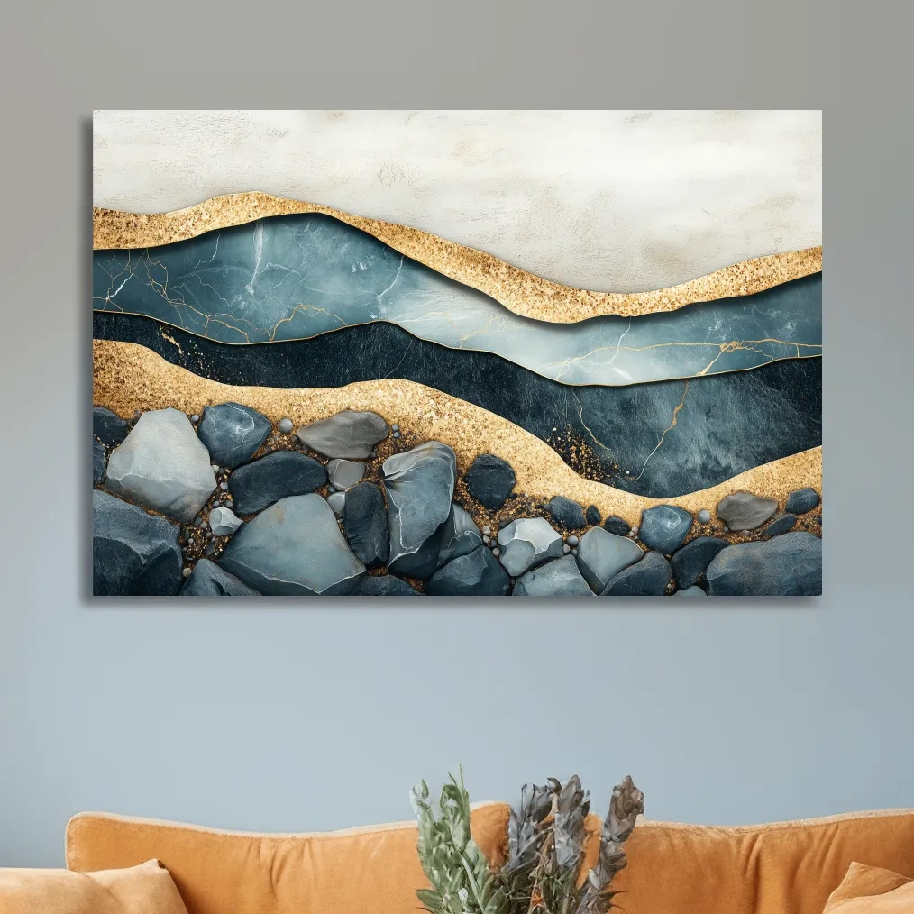 Elegant riverbed sand and rock artwork, modern textured wall art with natural sediment layers