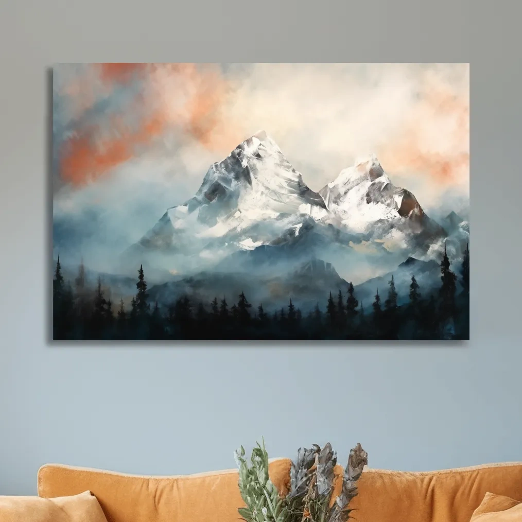 Impressionist mountain painting, sunset glacier in the mist